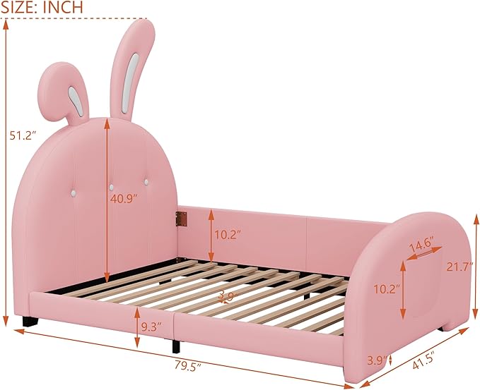 Harper & Bright Designs Twin Size Upholstered Rabbit Shape Princess Bed Frame for Boys Girls Kids Adults Toddler, Twin Size Platform Bed with Headboard and Footboard,Pink