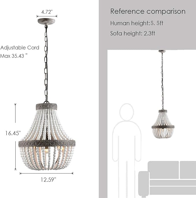 VILUXY 3-Light Bohemia Wood Beaded Chandelier Antique Rustic Pendant Light White Finishing for Bedroom, Kitchen Island, Girl Room