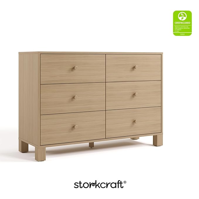 Storkcraft California 6 Drawer Double Dresser (Driftwood) – GREENGUARD Gold Certified, Spacious Storage Organizer for Kids’ Room, Safety Interlocking Drawer System