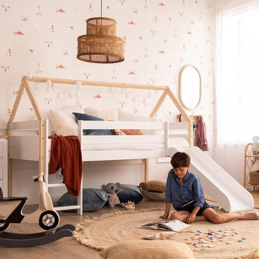 From the Tree Furniture Twin Loft Bed with Slide for Kids – Solid Wood House Frame with Safety Rails, Low Loft Playhouse Bed