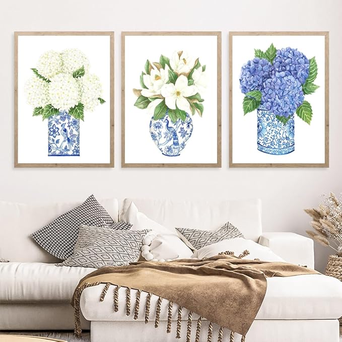 LUHDFYS Blue White Willow Style Ginger Jar Watercolor Chinoiserie Decor Canvas Painting Orchid Oriental Vase Porcelain Flower Jar Prints No Frame (16x24Inch Unframed)