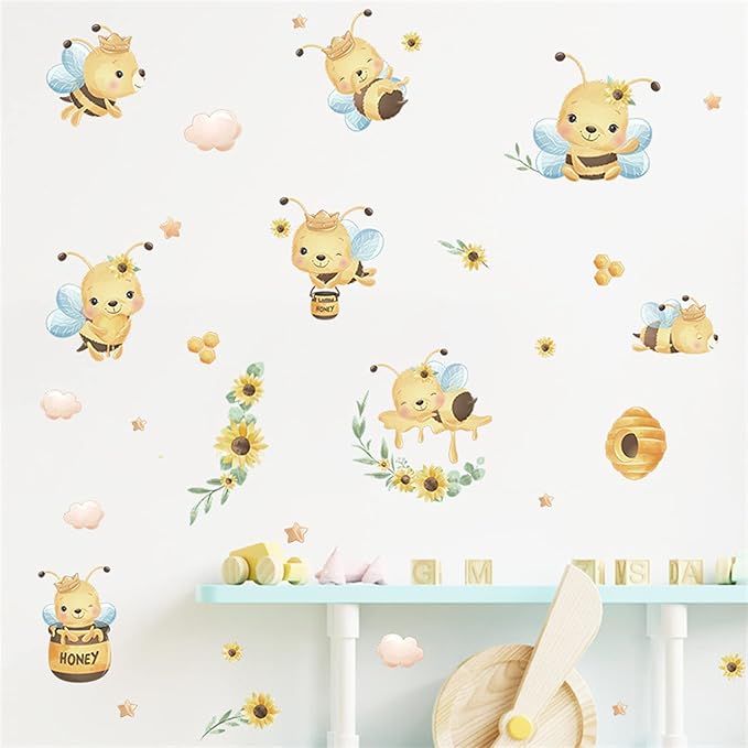 ROFARSO Colorful Cute Cartoon Bees Insect Wall Stickers for Kids Removable Honeybee Wall Decals DIY Decorations for Nursery Baby Boys Girls Bedroom Playroom Living Room Gaming Room