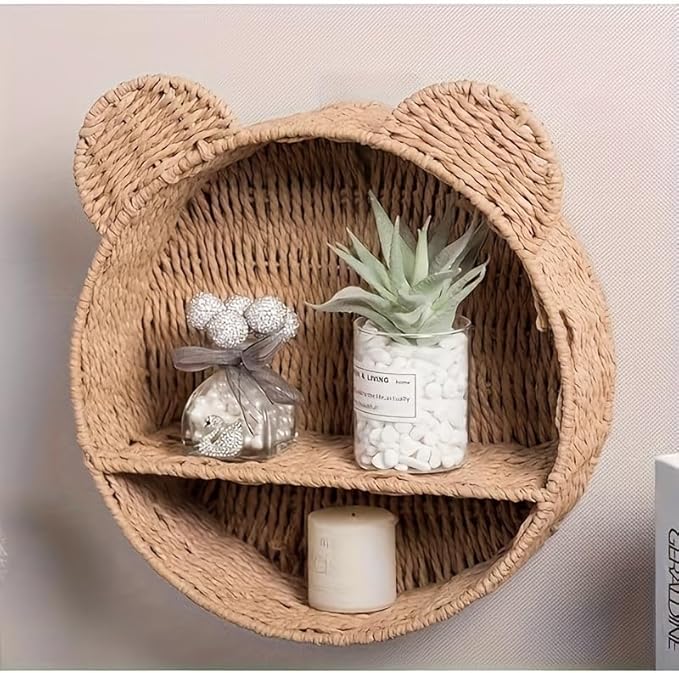 Bear-Shaped Wicker Wall Shelf – Handmade Woven Nursery Bookshelf for Kids Room, Boho Wall-Mounted Storage Organizer for Toys, Books & Décor