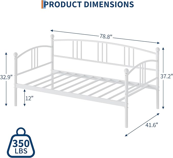 GarveeHome Twin Daybed, Sturdy Metal Day Bed with Steel Slat Support, Arched Headboard Sofa Bed for Living Room, Bedroom and Guest Room, White