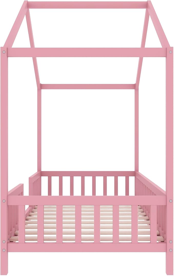 Montessori Floor Bed with Canopy, High Railings and Roof, Twin Size Wood House Bed Frame for Kids Bedroom (Pink/C2)