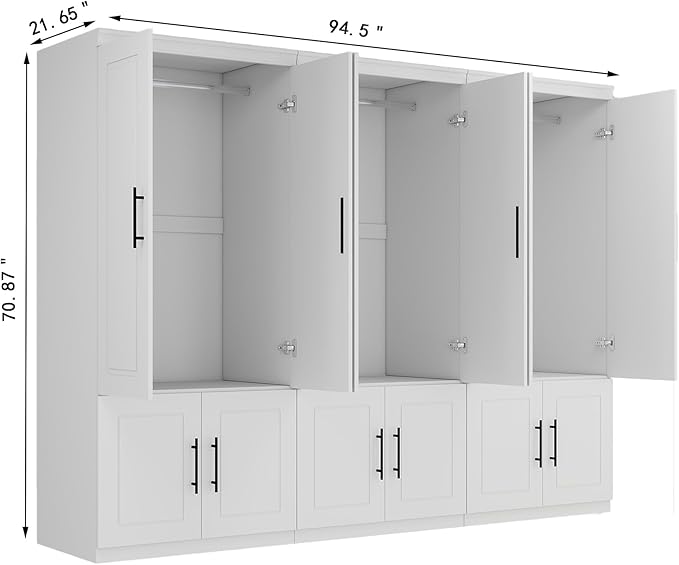White Armoire Wardrobe Closet with 6 Door: Wood Wardrobe Closet Combination Cabinet Wooden Bedroom Armoire with Hanging Rods for Home/Bedroom/Living Room