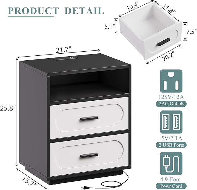 Nightstands Set of 2 with Charging Station, 25.8" Tall Wide Bedside Table with 2 Storage Drawers & Open Shelf, Mid Century Modern Wood End Table for Bedroom, Living Room, Black/White