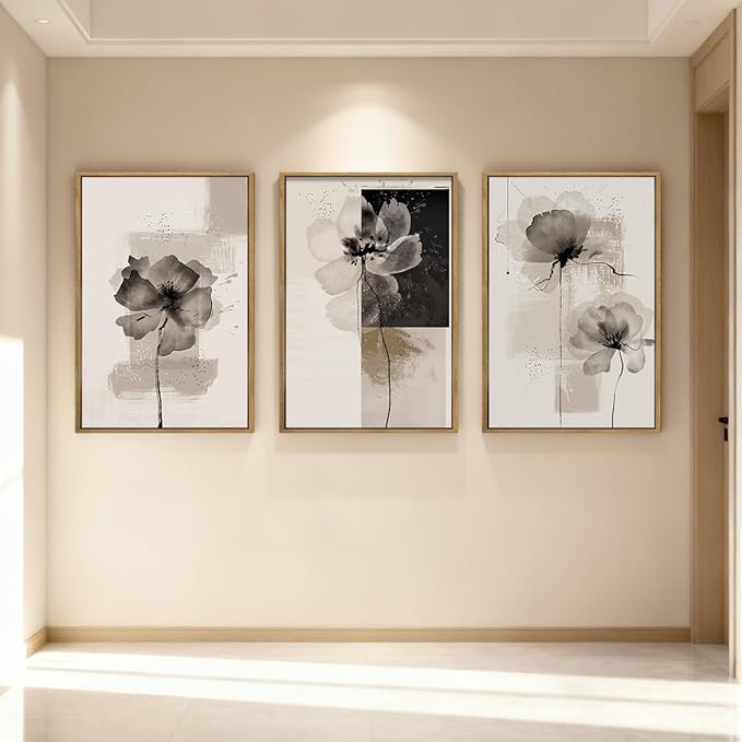 IARTTOP Extra Large Black Neutral Framed Wall Art 24x36 Inch Beige Tan Abstract Floral Canvas Wall Decor Set of 3 Minimalist Modern White Flower Art Prints for Living room Bedroom