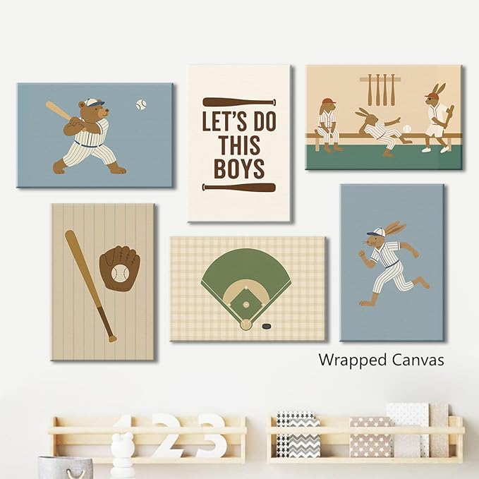 Baseball Poster Canvas, Baby Boy Sports Nursery Wall Art, Cute Animal Rabbit Bear Athletes Pictures, Let's Do This Boys Charming Quote Print, Kids Bedroom Baseball Field Art 16x24in Framed