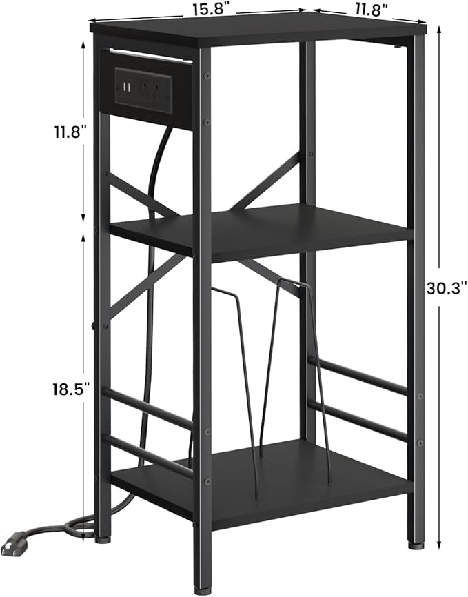 Record Player Stand with Charging Station, 3-Tier End Table with LED Light, Side Table Nightstand for Vinyl Storage,Tall Beside Tables Turntable Stand Living Room, Bedroom, Black