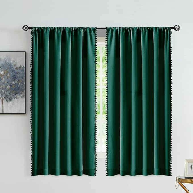 Treatmentex Pompom Green Full Blackout Curtains for Bedroom Living Room 63 inch Thermal Insulated Window Curtain Panels for Christmas Décor 52" w x2 Panels Rod Pocket