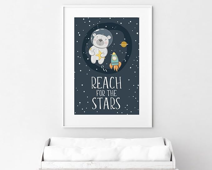 VUVUKU Space Nursery Print Themed Baby Boy Room Decor Outer Kids Wall Art Reach For The Stars Playroom Poster Toddler Sign