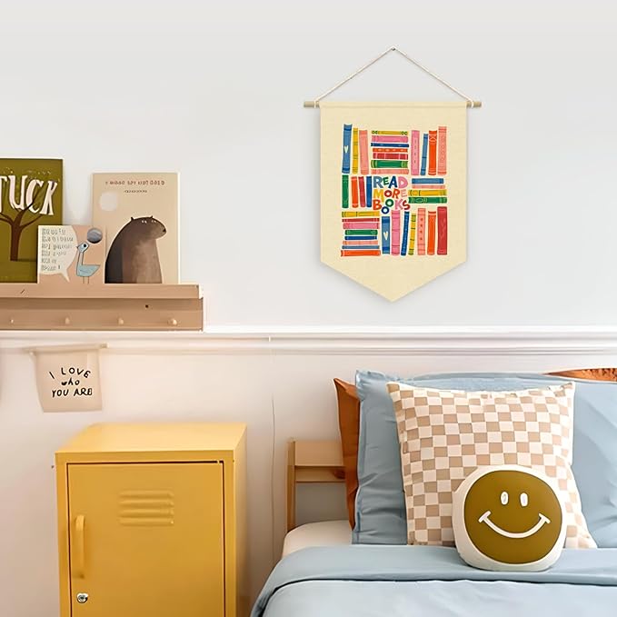 Reading Corner Decor for Classroom, Read More Books Wall Hanging Sign Flag, Reading Room Wall Decor for kids, Read Sign Nursery Wall Art Canvas Hanging Pennant Flag Banner 15x11in