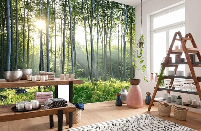 Sunshine Forest Mural Wallpaper Landscape Tree Wallpaper Large Nature Scenery Wall Mural for Living Room (not self-Adhesive)