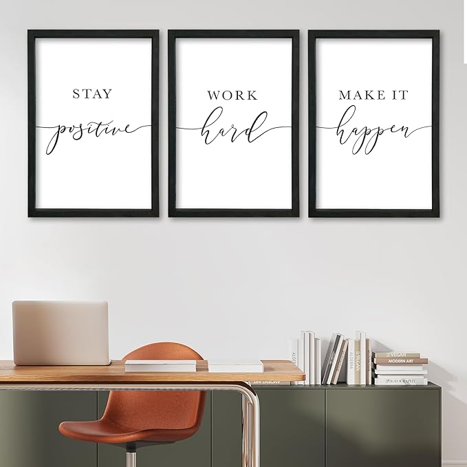 YWJKWLGS Inspirational Office Wall Art Set 11x16 Inch 3 piece Motivational Quotes Wall Decor Stay Positive Work Hard Make It Happen Signs for Home & Office Wood Framed Hanging (Black)