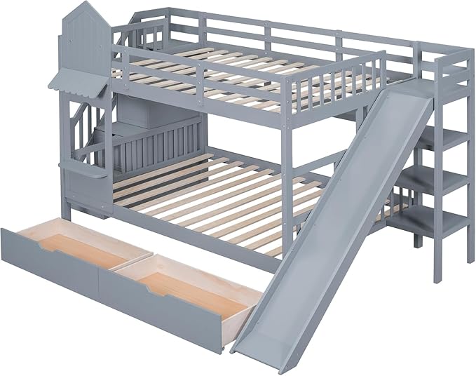 MERITLINE Full Over Full Castle Bunk Bed with Slide,Stairs and Drawers,Solid Wood Floor House Princess Bunk Bed with Storage Shelves (Grey,Full Over Full)
