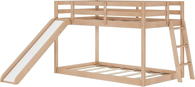 Grain & Grove Bear Twin Over Twin Bunk Bed with Slide, Low Bunk Bed Frame for Kids, Bunk with Ladder, Guardrail, and Slats, No Box Spring Required, Oak Embossed Natural