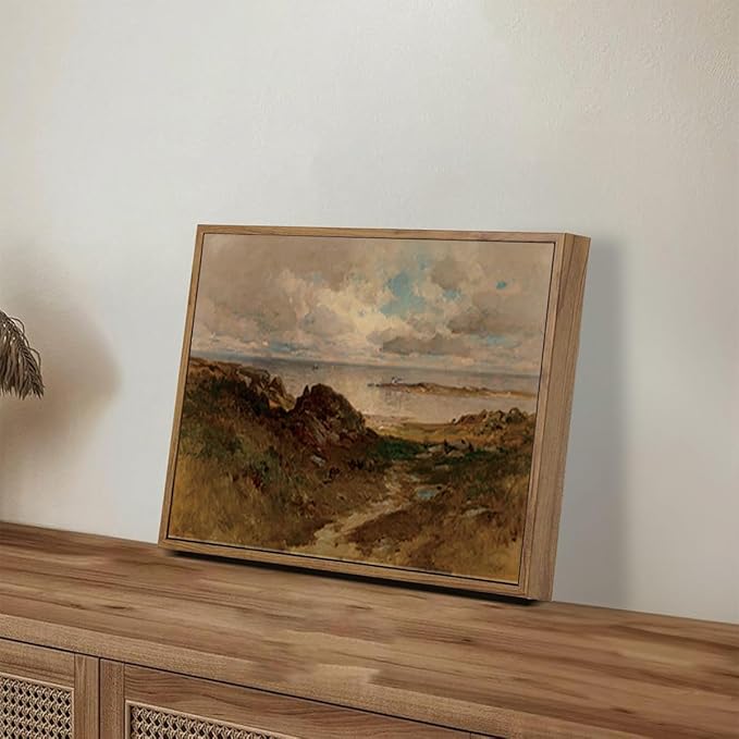 OIQArtOIQ Framed Vintage Landscape Wall Art Coast Natural Scenery Oil Painting Canvas Prints Country Farmhouse Aesthetic Decor Pictures for Kitchen Bedroom Living Room Bathroom