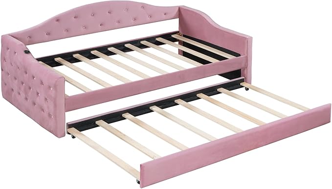 Bellemave Twin Size daybed Frame with Trundle for Adults, Kids, Girls, Teens, Tufted daybeds with Trundle for Living Room, Velvet, (Mattress not Included), Pink