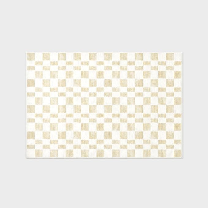 EverGrace Checkered Plaid Area Rug 4x6, Soft Fuzzy Faux Wool Rugs Washable Anti Slip Rugs Large Rug Carpet for Entryway Bedroom Living Room Hallway Kitchen Dining Room and Laundry Room, Beige