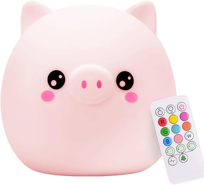 Lumipets Remote Control Silicone Night Light for Kids - Pig Design with 9 Soft Colors & Sleep Timer - Rechargeable, Battery-Operated Lamp for Bedroom | Baby Nursery, Toddler, Girls, Boys