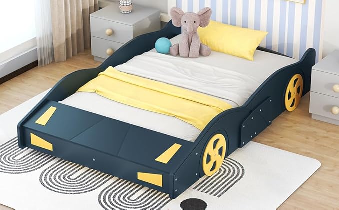 Harper & Bright Designs Full Size Race Car-Shaped Platform Bed with Wheels and Storage, Dark Blue+Yellow
