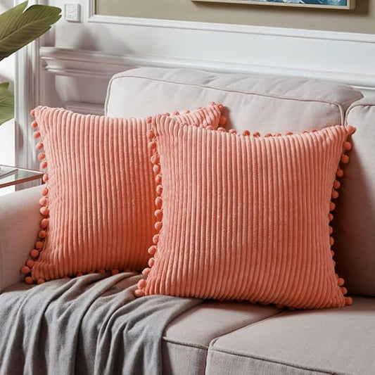 Fancy Homi Set of 2 Coral Decorative Throw Pillow Covers 12x12 Inch with Pom-poms for Couch Bed Sofa, Modern Farmhouse Boho Home Decor, Soft Plush Corduroy Cute Cushion Case 30x30 cm