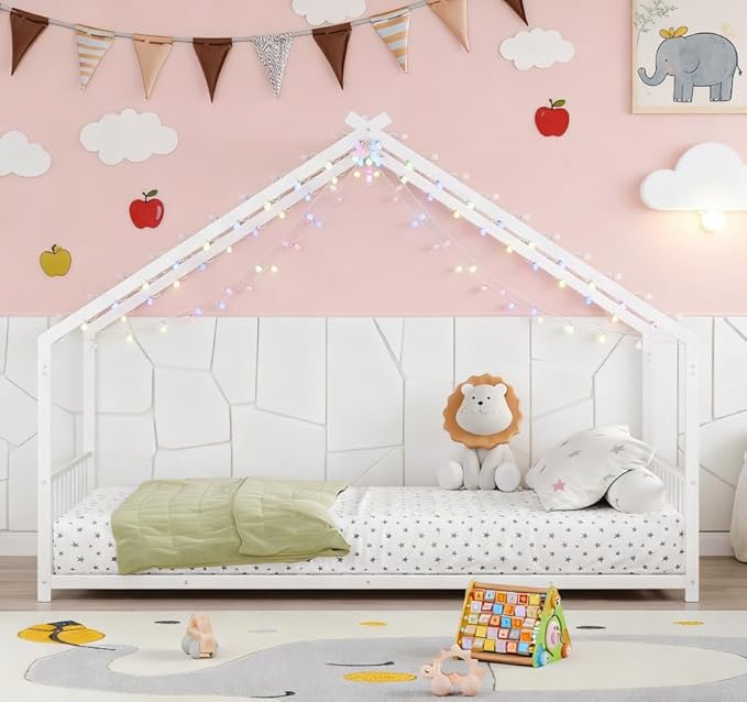 Bellemave Twin Size Montessori Floor Beds with Slats for Kids, Metal Twin House Bed for Kids, White with Slats and Lights