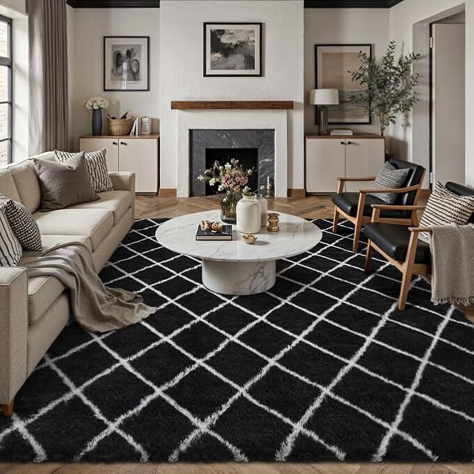 8x10 Checkered Rug for Living Room Black and White Modern Soft Area Rug Fluffy Non-Slip Carpet for Bedroom Playroom Home Aesthetic Decor