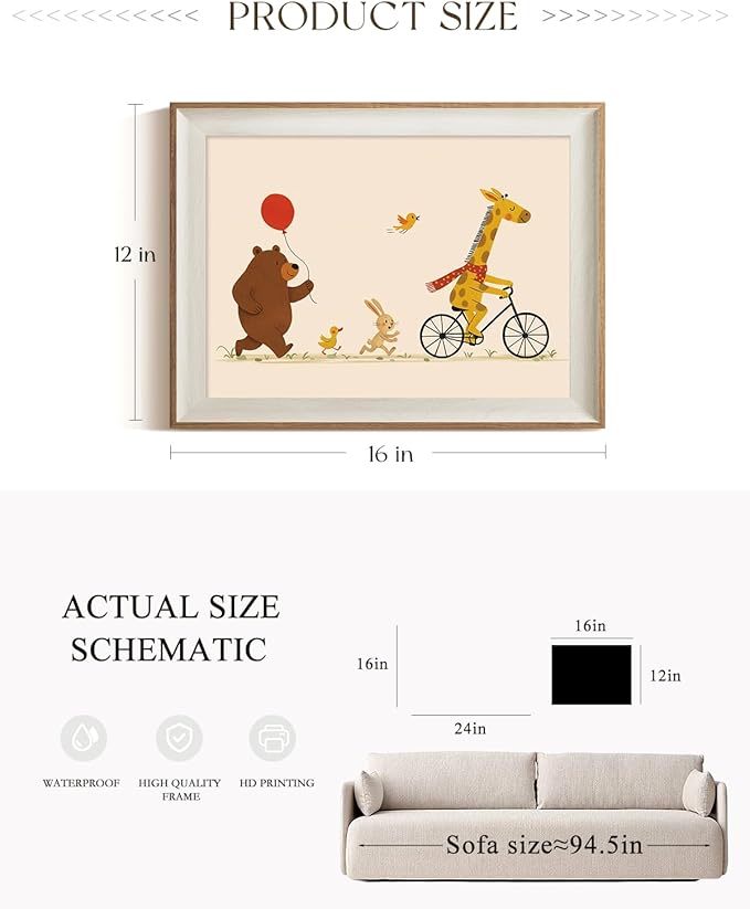 ARPEOTCY Framed Canvas Wall Art, 12x16 Inch Cute Animal Parade Print, Giraffe on Bicycle with Bear, Bunny, and Birds, Whimsical Nursery Wall Decor for Kids Room, Playroom, or Baby Bedroom