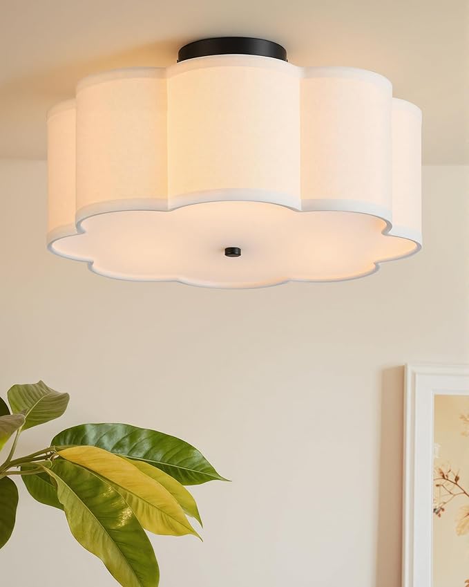 VONLUCE Semi-Flush Mount Ceiling Light, 15.7" Modern 3-Light Ceiling Light Fixture with White Petal-Shaped Shade 3 E26 Sockets for Bedroom Entryway Living Room, Black Finish, ETL Certificated