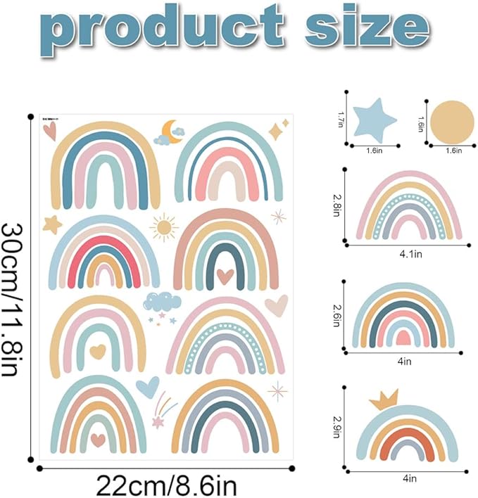 Bohemian Rainbow Wall Decals for Kids Room – 152 Pcs Removable Waterproof Pastel Vinyl Stickers with Rainbows, Stars, Dots | 8 Sheets Peel & Stick Wall Art for Bedroom, Playroom & Nursery(Style B)