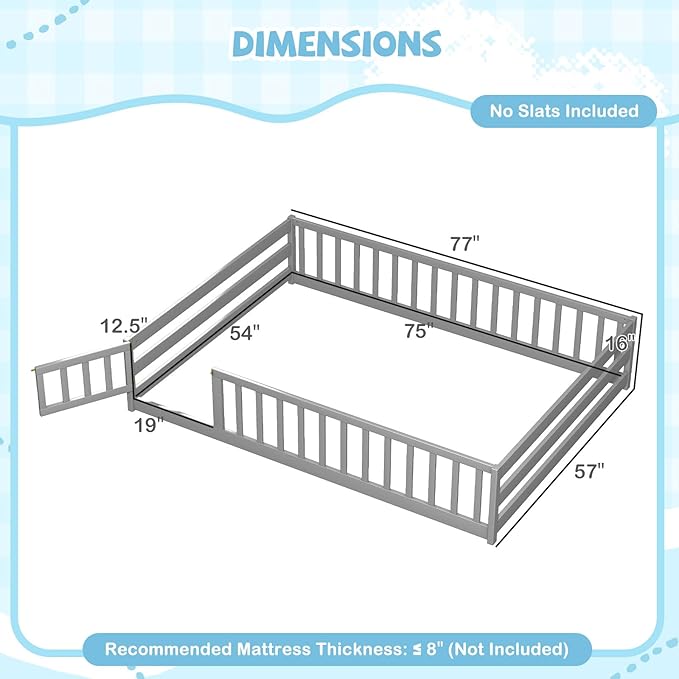 Giantex Full Floor Bed with Door & Fence, Kids Wood Montessori Beds with Safety Guardrails, Floor Bed Twin for Kids, Boys, Girls, No Box Spring Needed, Grey