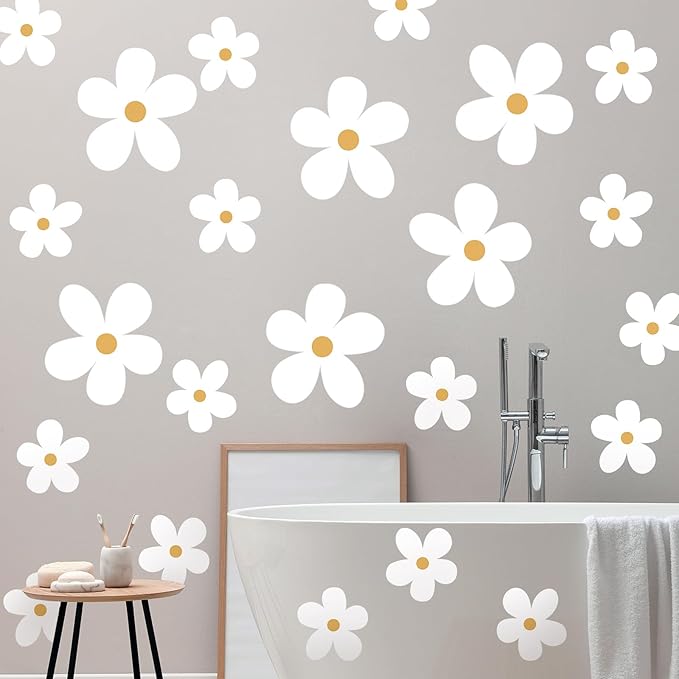 TaoBary 12 Sheets Daisy Wall Decal Flower Wall Sticker Cute Daisy Sticker Pink White Flower Decal Peel and Stick Floral Wallpaper for Nursery Bedroom Home Decor(White, Yellow,Stylish Style)