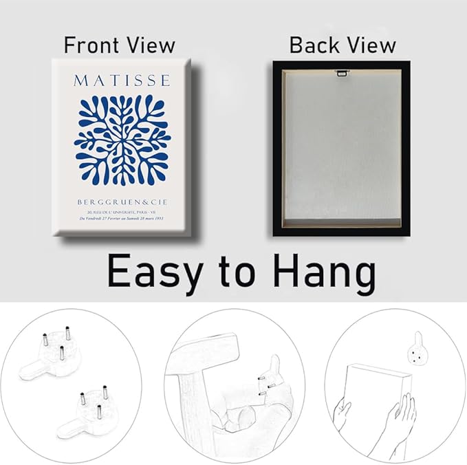 LUHDFYS Blue Matisse Canvas Wall Art Print,Abstract Matisse Wall Art Exhibition Posters Set of 3,Navy Blue Canvas Prints,Landscape Aesthetic Decor for Bedroom Bathroom Living Room Wrapped Canvas