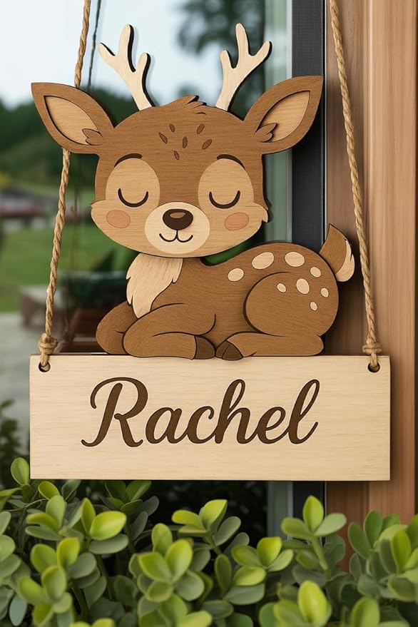 Deer Personalized Door Hanger for Nursery Wall Art – Custom Wooden Door Plaque with Cute Baby Deer, Nursery Wall Decor for Boys or Girls, Animal Nursery Decor
