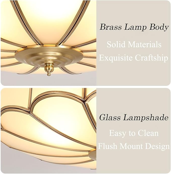 MIXL- Mid Century Brass Flush Mount Ceiling Light,LED Antique Brass Light Fixture, Modern Frosted Glass Ceiling Lamps for Living Room, Close to Ceiling Light Decorative for Bedroom(13.77" W)