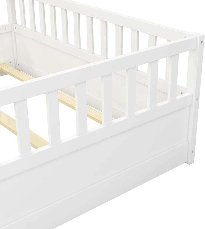 Bellemave Full Floor Bed with Slats and High Fence, Full Size Montessori Floor Beds with Door, No Box Spring Needed, Easy Assemble Montessori Bed Frame(White Full)