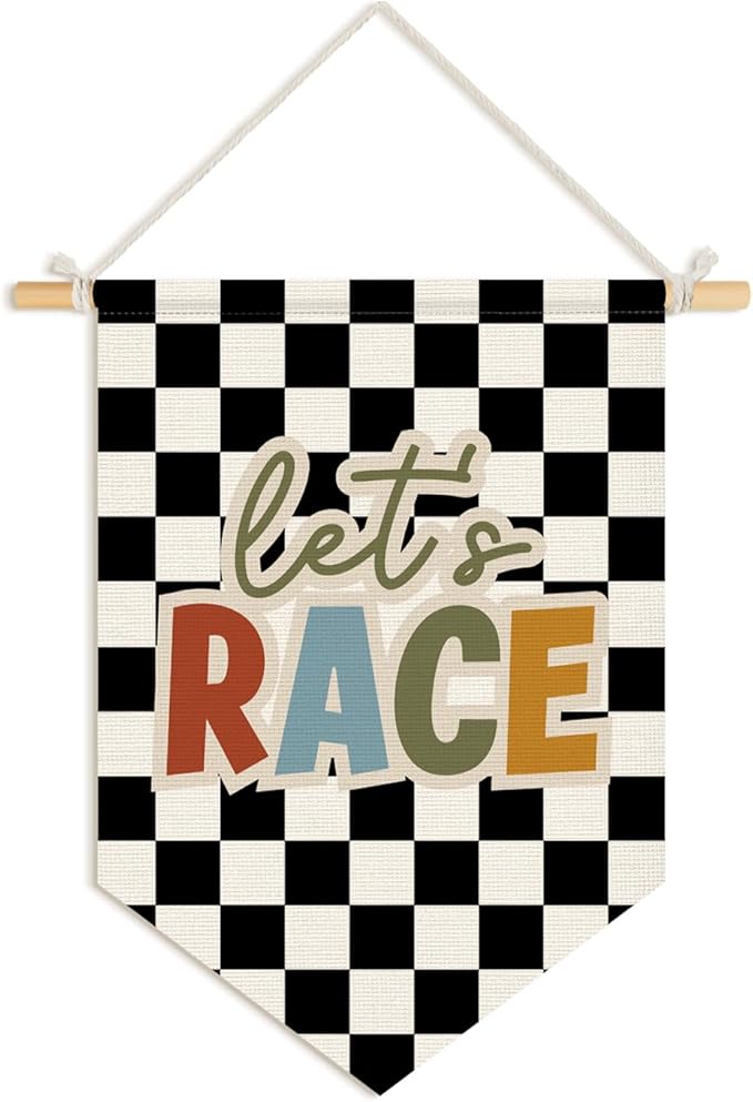Wheatwin Toddler Boys Room Decor, Race Car Playroom Wall Decor for Kids Nursery Bedroom, Let's Race Black Checkered Wall Hanging Pennant Flag Banner, 15x11 Inch