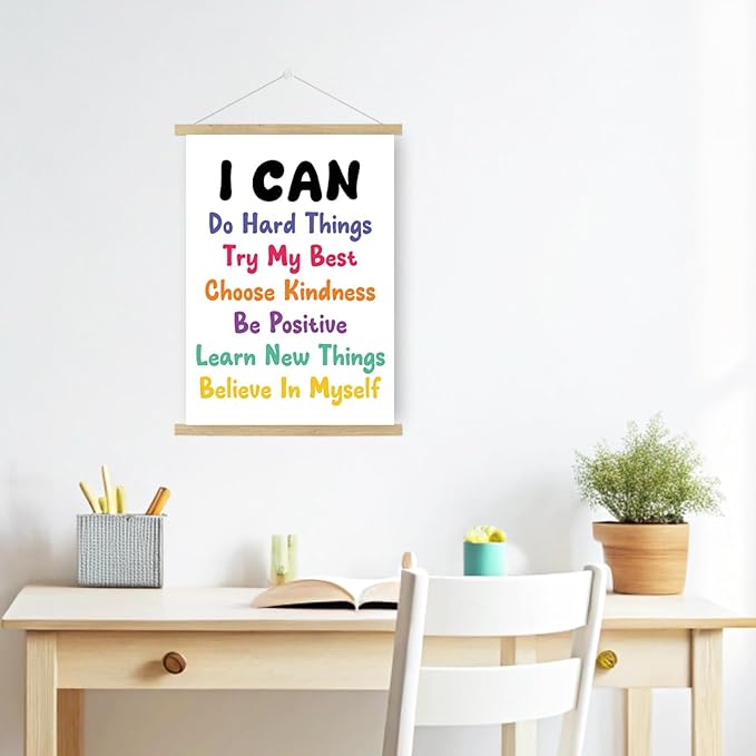 Qswo Positive Affirmations Wall Decor,I Can Do Hard Things Wall Art Poster Hanger Frame,Inspirational Hanging Canvas Wall Decor for Kids Room Nursery Classroom
