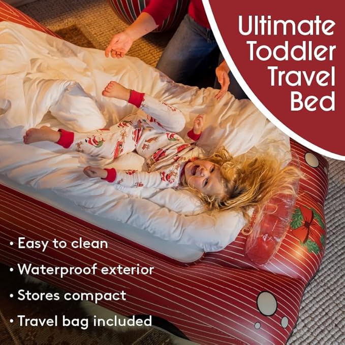 FUNBOY Christmas Convertible Kids Sleeper Air Mattress – Inflatable Red Striped Car Bed with Soft Flocked Surface, Easy Setup