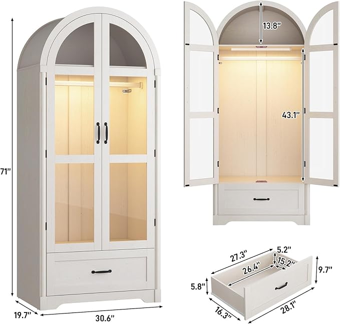 2 Doors Arched Armoire Wardrobe Closet w/Drawers,LED Light,Wooden Closet Wardrobe Cabinet with Hanging Rod for Bedroom,Modern Armoire Storage Cabinet w/Shelf,Antique White