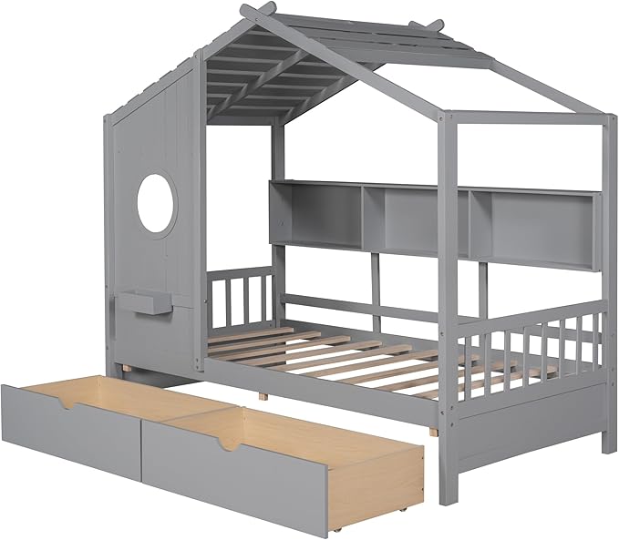 Bellemave Twin Size House Bed with Storage Drawers,Kids House Bed Frame with Shelves,Cute Wood House Bed Twin with Roof for Kids,Girls,Boys,Gray