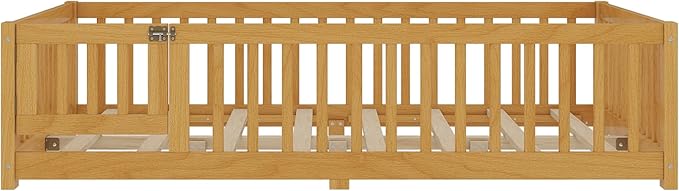 Bellemave Full Size Floor Bed Frame with Fence and Door for Kids, Montessori Floor Bed with Slats and Safety Guardrails,Solid Wood Full Bed Frame for Girls Boys,Natural