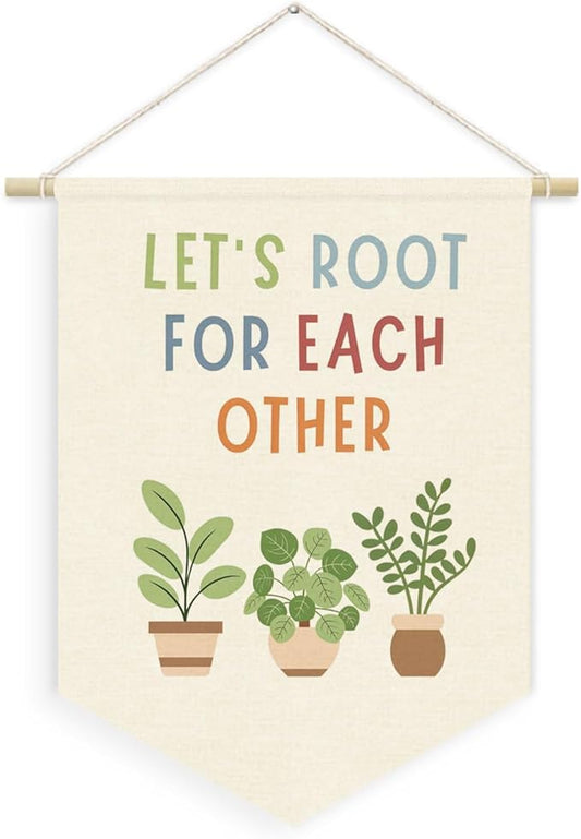 Boho Plant Greenery Classroom Decor, Let's Root for Each Other Linen Canvas Banner for Classroom Playroom Homeschool Decor, Motivational Plant Wall Hanging Pennant Flag Banner, 15x11in