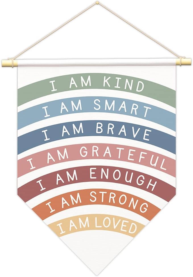Positive Affirmations Wall Art for Kids,I Am Enough,Rainbow Inspirational Classroom Decor, I Am Kind Smart Brave Loved Nursery Banner, Bedroom Hanging Sign,Nursery Motivational School Wall Decor-B06