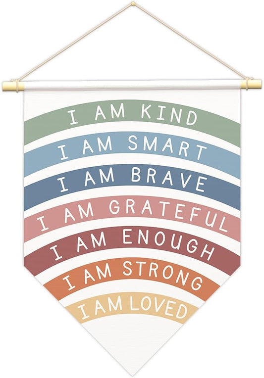 Positive Affirmations Wall Art for Kids,I Am Enough,Rainbow Inspirational Classroom Decor, I Am Kind Smart Brave Loved Nursery Banner, Bedroom Hanging Sign,Nursery Motivational School Wall Decor-B06