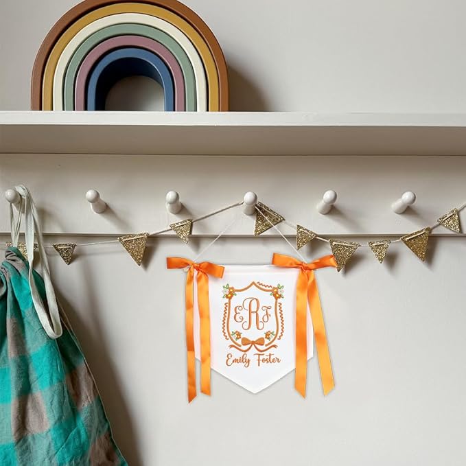 Embroidered Baby Name Sign with Bows Personalized Baby Announcement Sign Newborn Baby Banner Baby Hospital Name Sign Canvas Hanging Pennant Flag Custom Infant Baby Name Baby Shower Banner (02)
