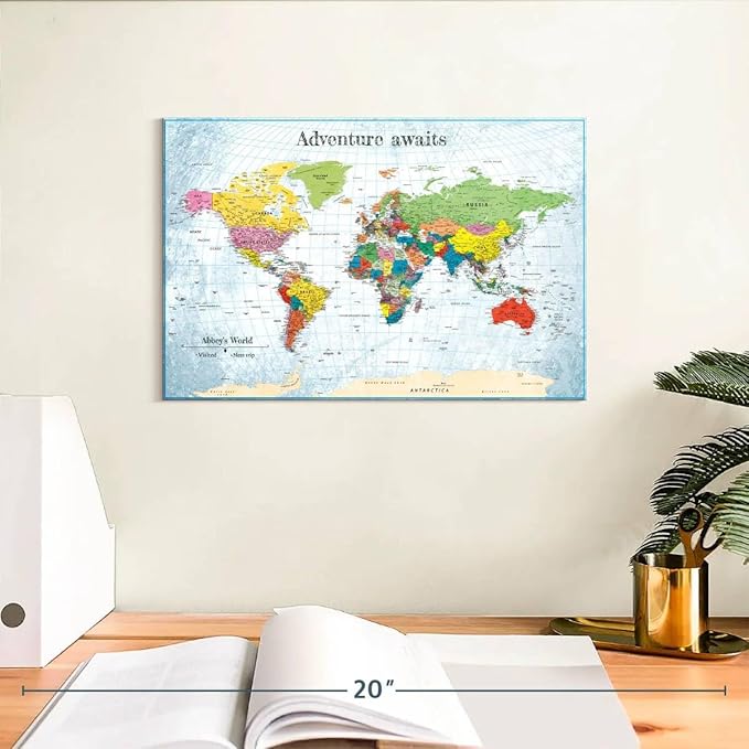 ElephantStock - Personalized Adventure Awaits IV Push Pin World Map Wall Art - Horizontal Canvas Wall Art - Living Room Wall Decor - Digital Art Map Canvas Art - Blue And Green Decor - 12" x 8"