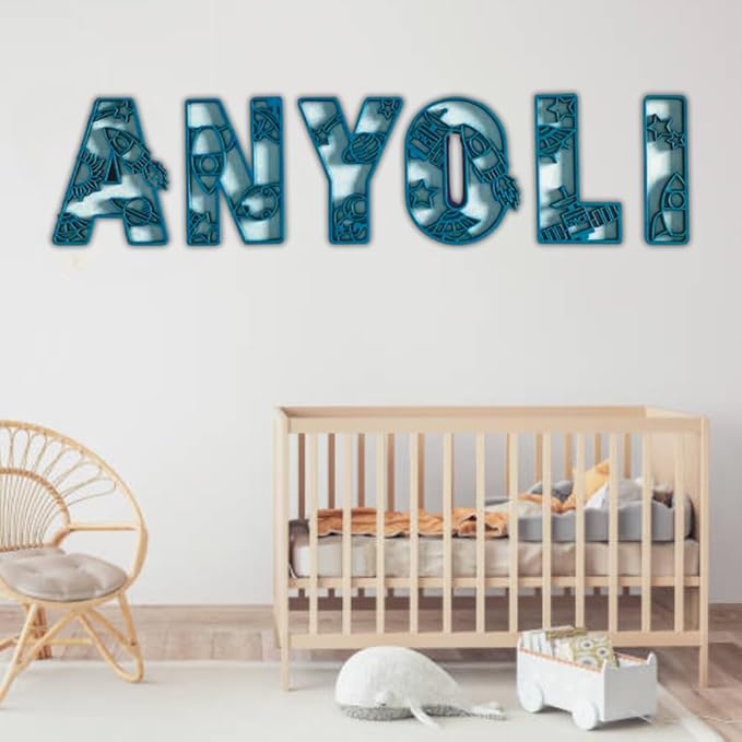 Personalized Wooden Name Sign - Custom Baby Name Signs for Nursery & Kids Room, Baby Announcement Sign, Wall Name Signs Personalized, Round Wooden Letters for Nursery Decor (Space 3D)